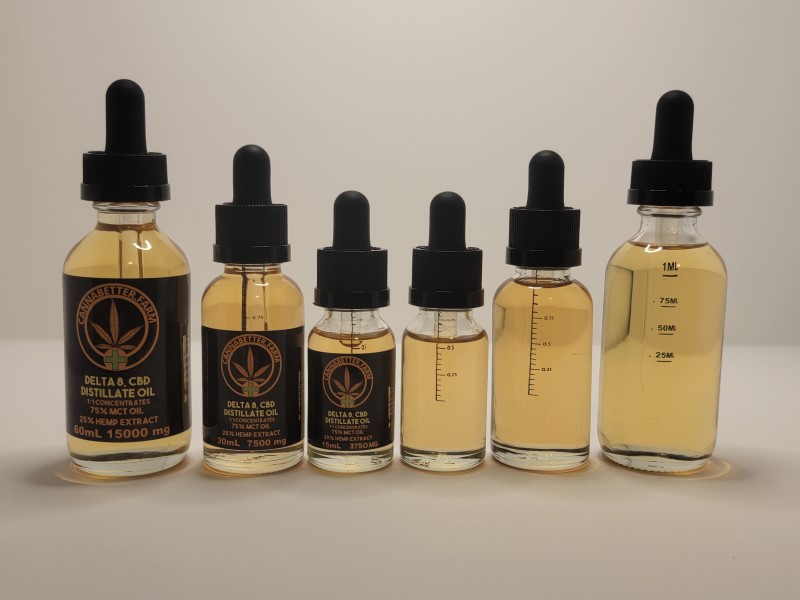 CannaBetter.Farm Ltd. Co This image shows all sizes of our Broad Spectrum CBD Extract with Delta 8 Extract Oil, naturally rich in Minor Isolate Cannabinoids and Terpenes: 60ml, 30ml, 15ml shown with and without labels.