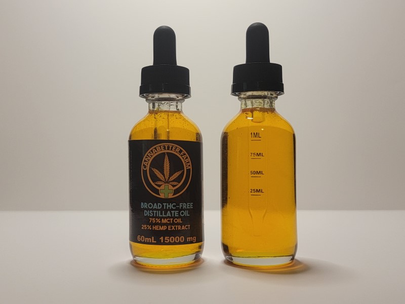 CannaBetter.Farm Ltd. Co This is the 60ml size of our Golden Broad Spectrum CBD Distillate Extract Oil. Each bottle contains 15 grams of the base concentrate, or 15,000mg.