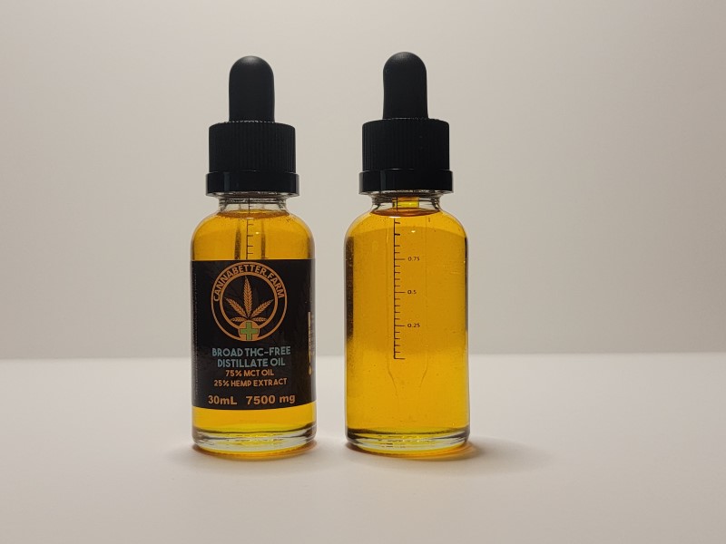 CannaBetter.Farm Ltd. Co This is the 30ml size of our Golden Broad Spectrum CBD Distillate Extract Oil. Each bottle contains 7.5 grams of the base concentrate, or 7,500mg.