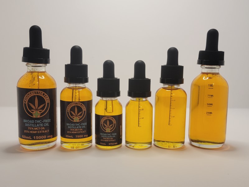 CannaBetter.Farm Ltd. Co This image shows all three sizes of our Golden Broad Spectrum CBD Distillate Extract Oil with and without labels: 60ml, 30ml, and 15ml.