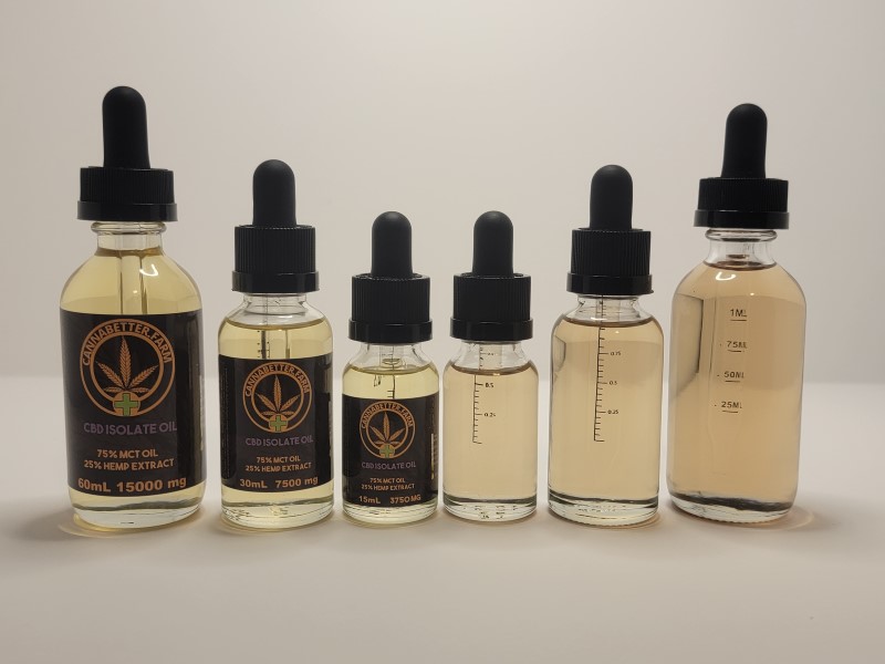 CannaBetter.Farm Ltd. Co This image shows all sizes of our Pure CBD Isolate Oil, 60ml, 30ml, and 15ml, with and without labels.