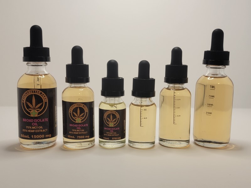 CannaBetter.Farm Ltd. Co This image shows all 3 sizes of our Broad CBD Isolate Oil, rich in Minor Cannabinoids: 60ml, 30ml, and 15ml, with and without labels.