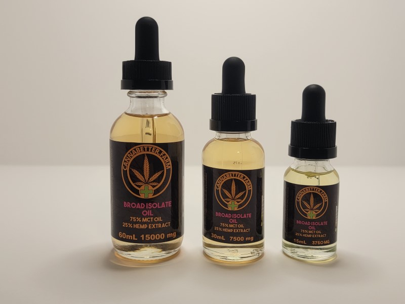CannaBetter.Farm Ltd. Co This image shows all 3 sizes of our Broad CBD Isolate Oil, rich in Minor Cannabinoids: 60ml, 30ml, and 15ml, with labels.