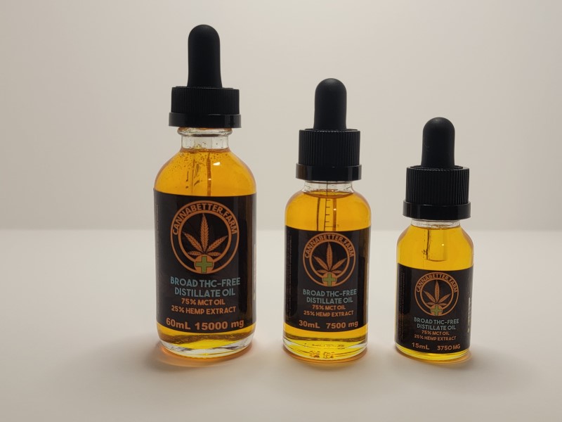 CannaBetter.Farm Ltd. Co This image shows all three sizes of our Golden Broad Spectrum CBD Distillate Extract Oil: 60ml, 30ml, and 15ml.