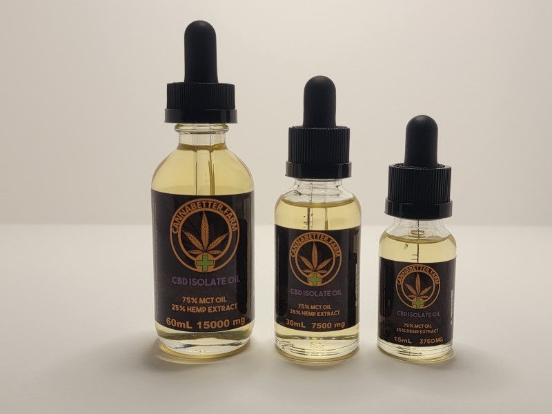 CannaBetter.Farm Ltd. Co This image shows all sizes of our Pure CBD Isolate Oil, 60ml, 30ml, and 15ml, with labels.