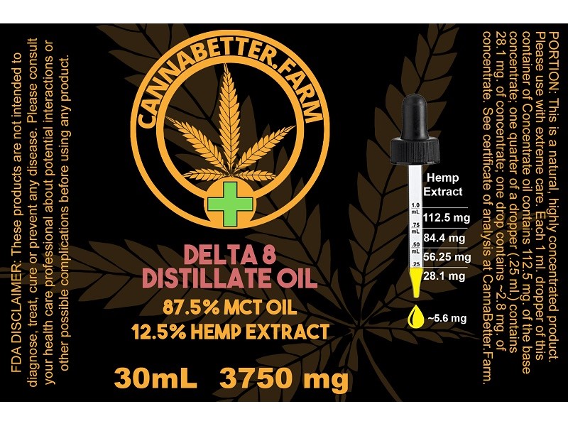 Label for CannaBetter.Farm Ltd. Co 30ml size of our Pure Delta-8 THC Hemp Extract Oil. Each bottle contains 3.75 grams of the base concentrate, or 3,750mg.